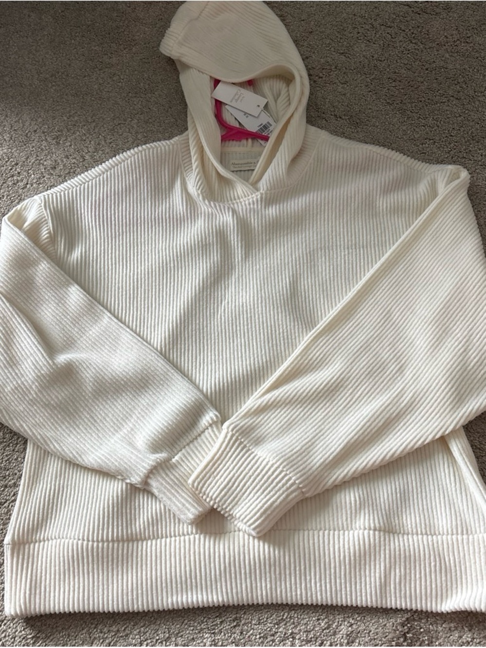 Abercrombie & Fitch Men's Cream Ribbed Hooded Pullover